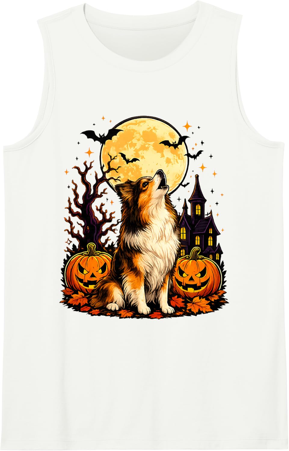 Shetland Sheepdog Howling at The Moon Dog Lover Halloween Tank Top - White