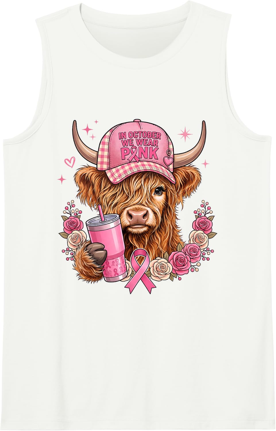 in October We Wear Pink Highland Cow Coffee Breast Cancer Sleeveless Tank Top - White