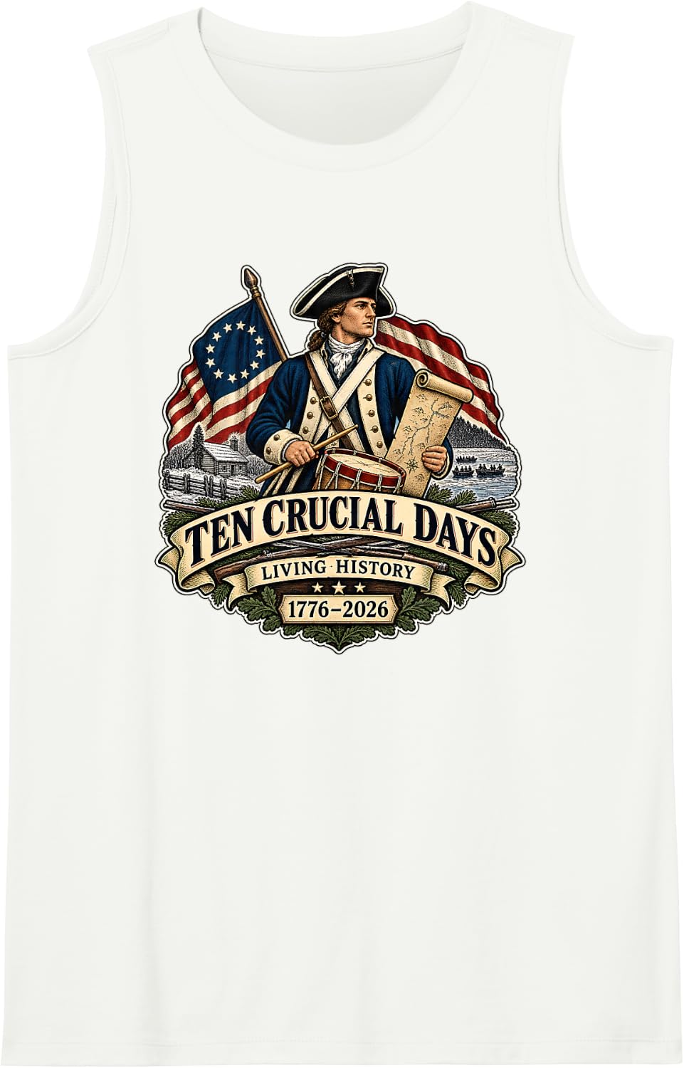Ten Crucial Days American Revolution History Patriot Drummer Sleeveless Tank Top - White