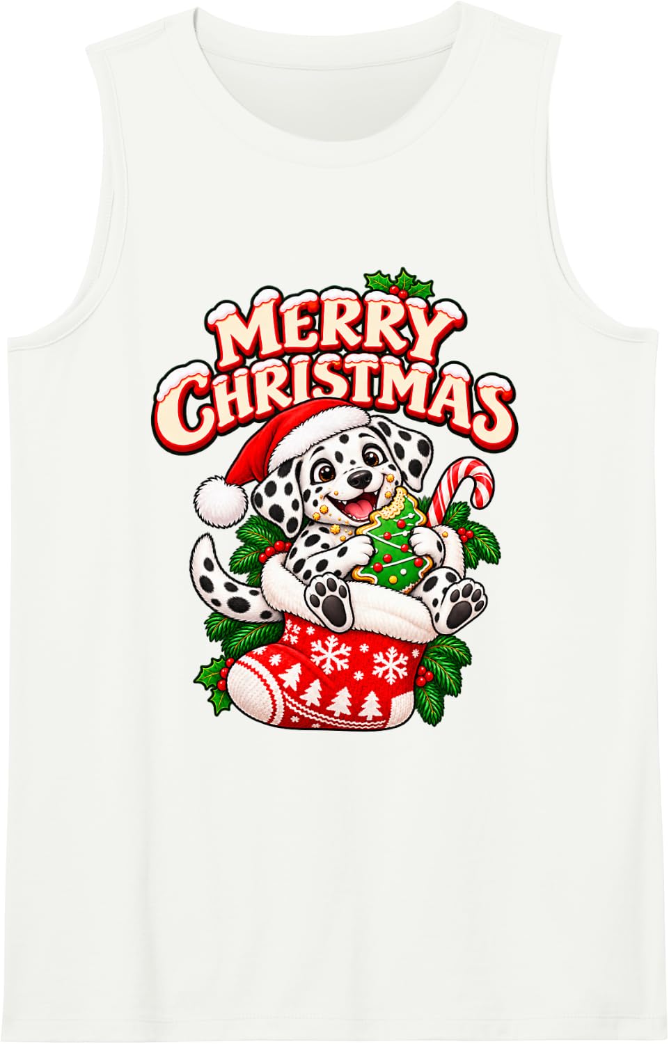 Merry Christmas Happy Dalmatian Cute Stocking Funny Sleeveless Tank Top - White