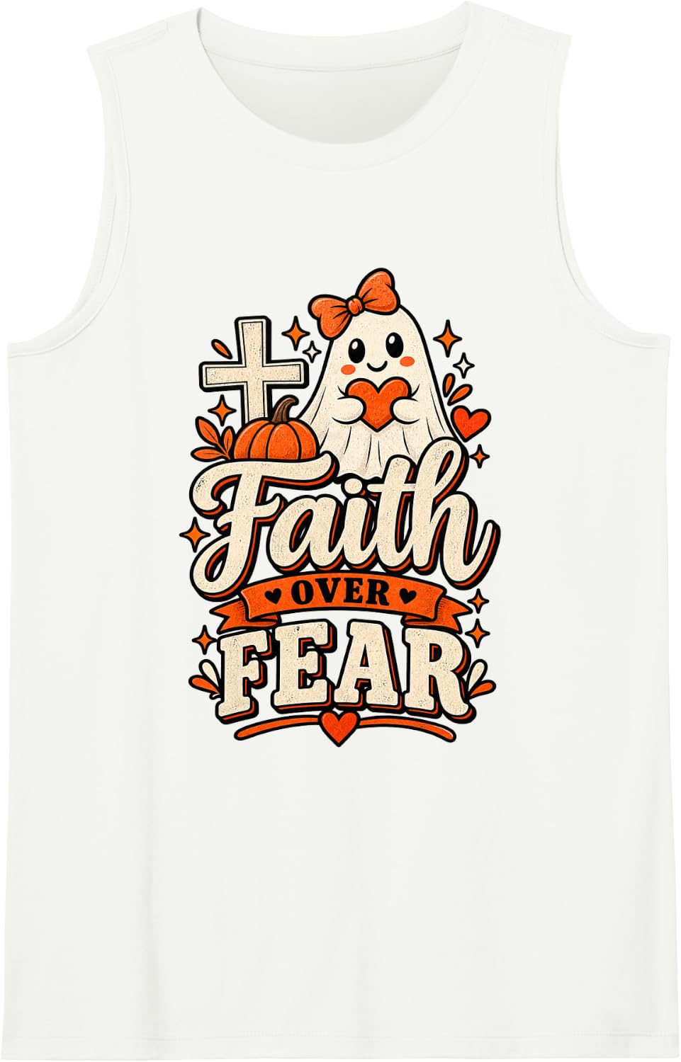 Retro Faith Over Fear - Cute Christian Women Halloween Ghost Sleeveless Tank Top - White