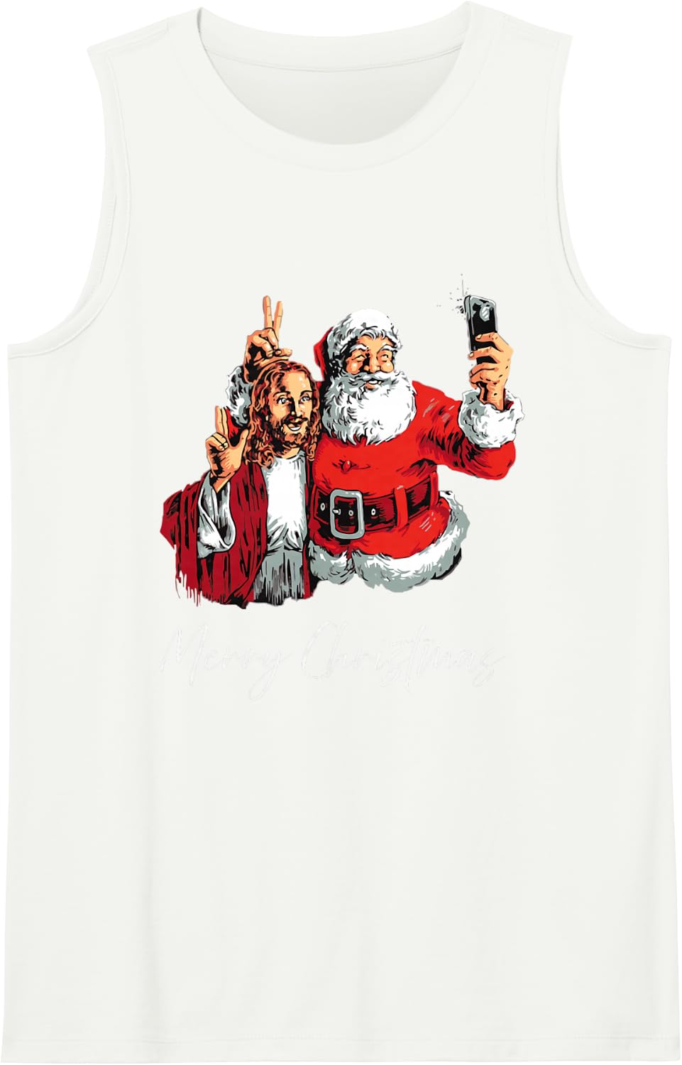 Merry Christmas Santa Jesus Selfie Funny Xmas Pajama Sleeveless Tank Top - White