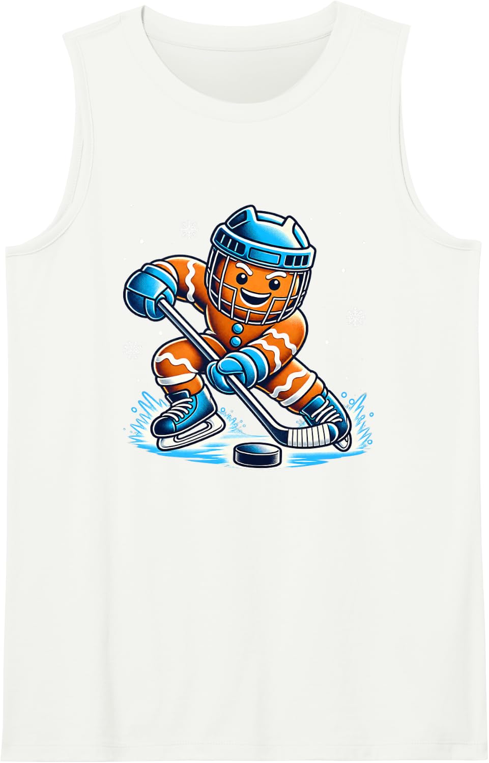 Funny Christmas Gingerbread Playing Ice Hockey Xmas Sport Sleeveless Tank Top - White