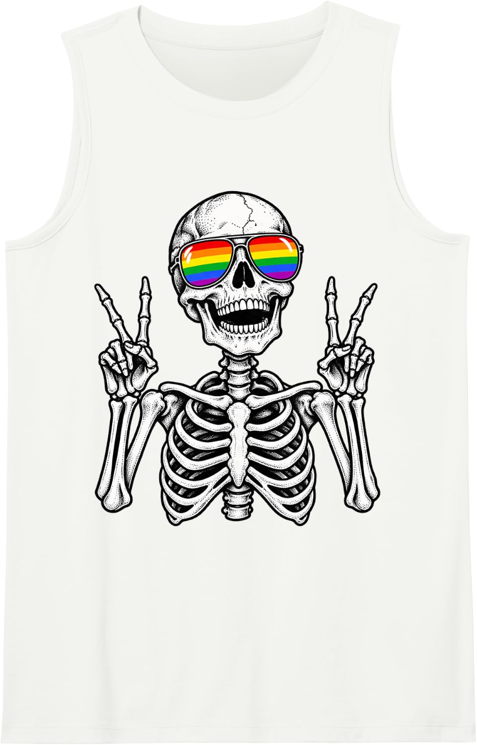 Pride Skeleton Rainbow Sunglasses Peace Sign LGBTQ Sleeveless Tank Top - White