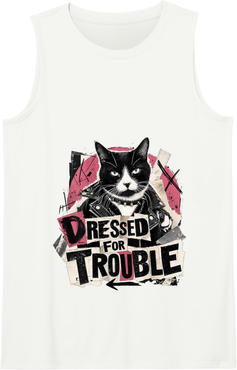 Dressed for Trouble Cat Punk Rocker Attitude Tank Top - White