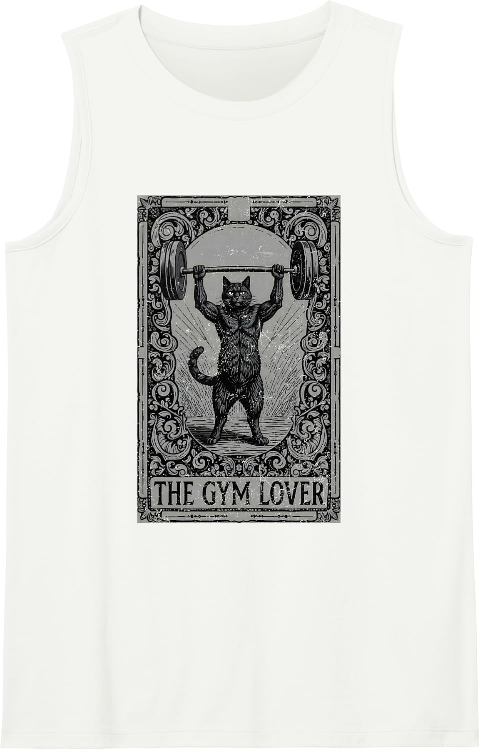 The Gym Lover Tarot Card Cat Lifting Weight Grunge Sleeveless Tank Top - White