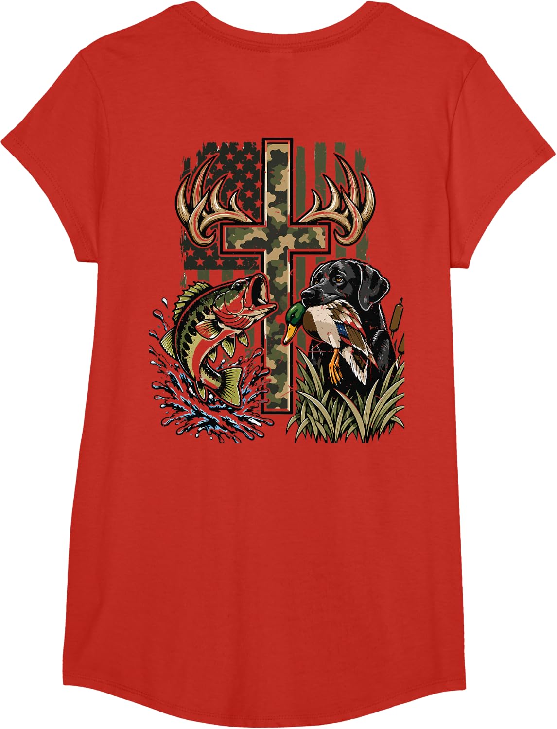 Youth Camo Duck Hunting Cross Black Lab Dog Bass Fish Faith T-Shirt - Girls Red