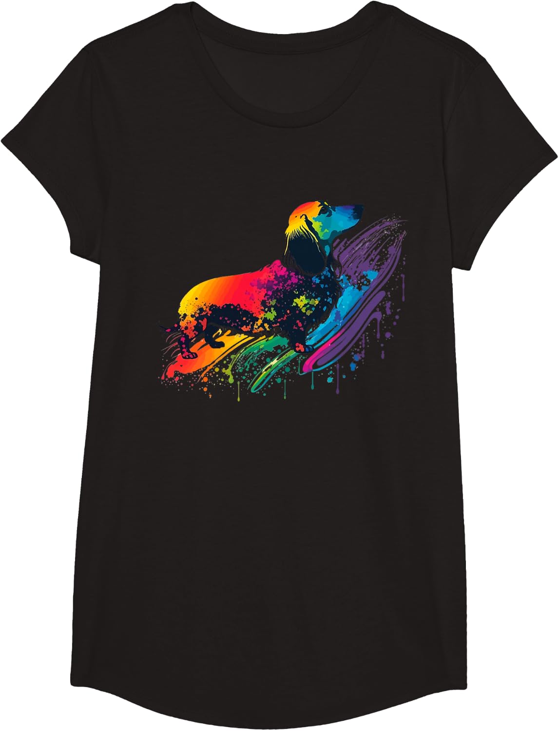 Dachshund Dog Colorful Pop Art Tie Dye Tri Color Watercolor T-Shirt - Girls Black