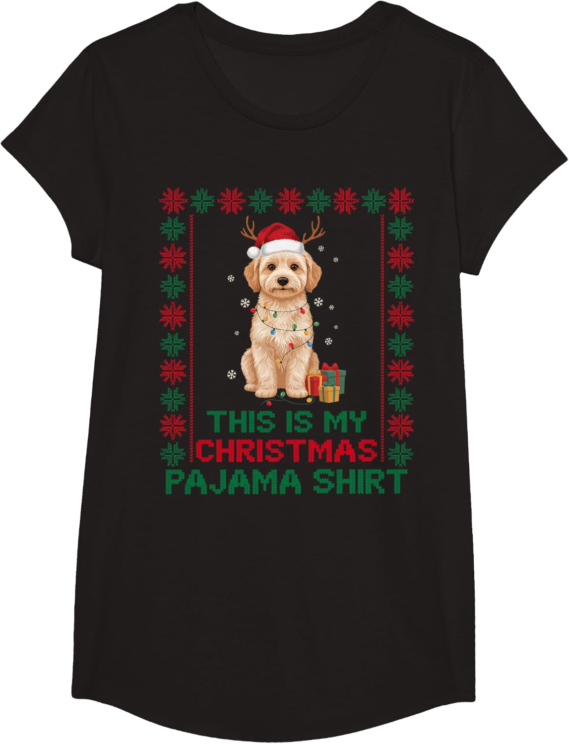 Cute Funny Cavapoo Christmas Pajama Santa Dog Mom Dad Lover T-Shirt - Girls Black