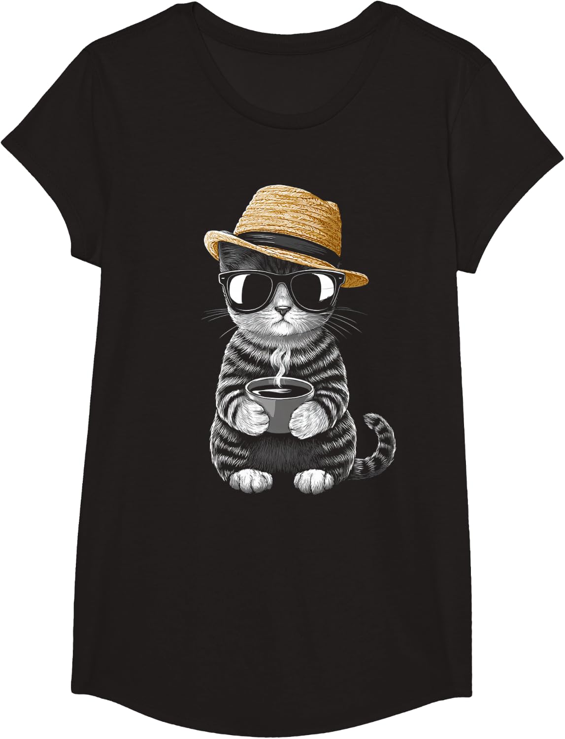 Tabby Cat with Sunglasses Drinking Coffee T-Shirt - Girls Black