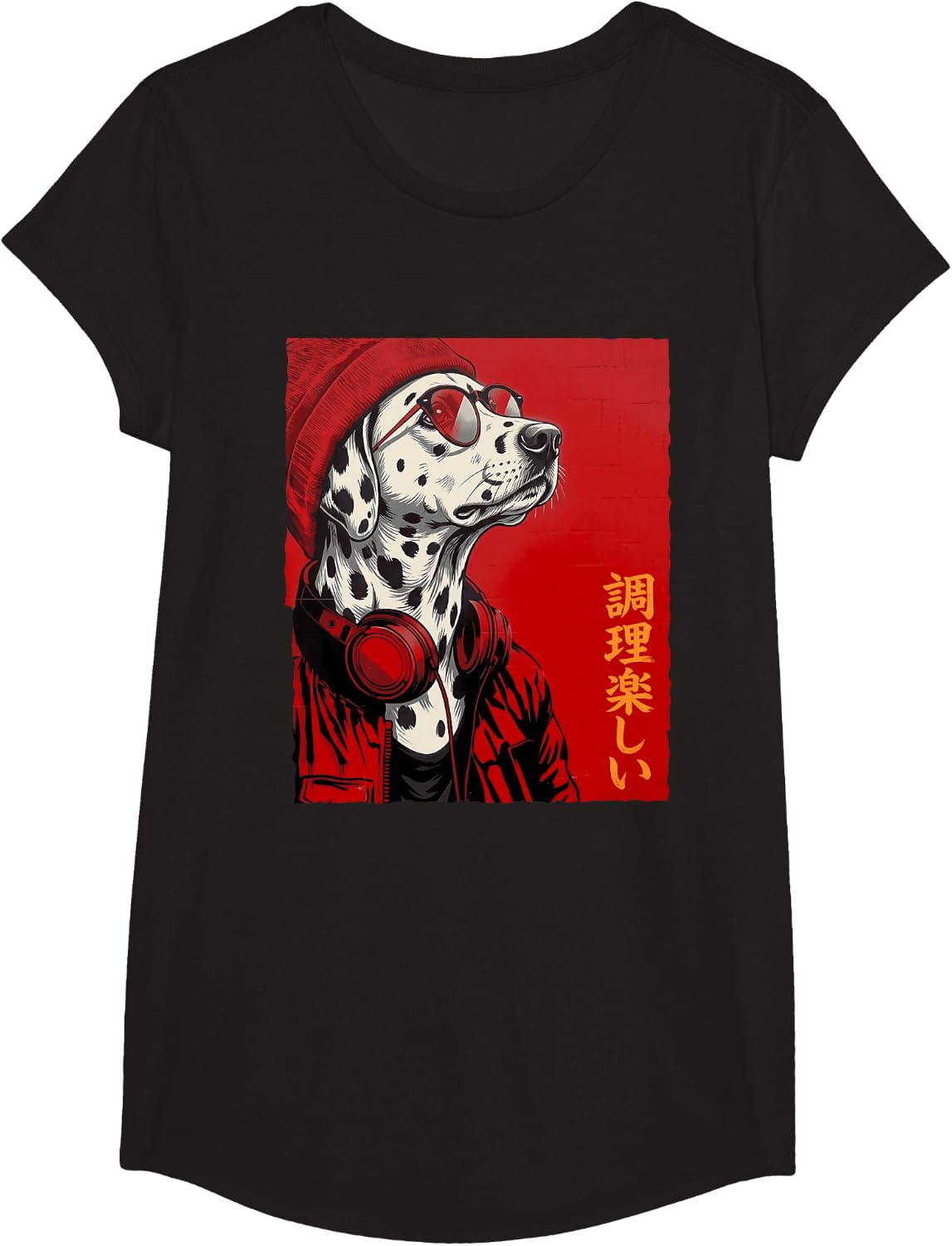 Dalmatian Hipster Headphone Japanese T-Shirt - Girls Black