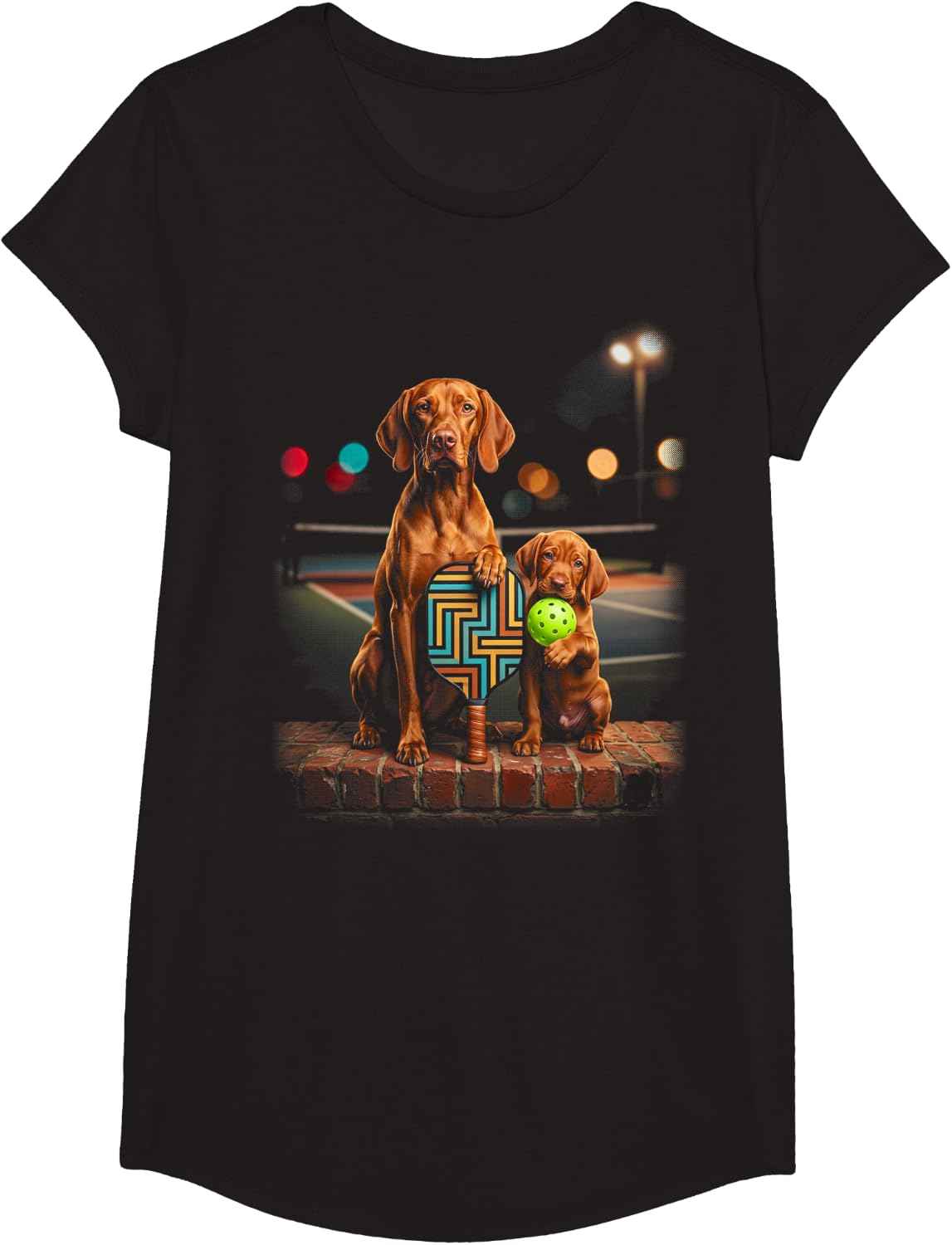 Vizsla Pickleball Paddle Puppy Duo Dog Lover Art T-Shirt - Girls Black