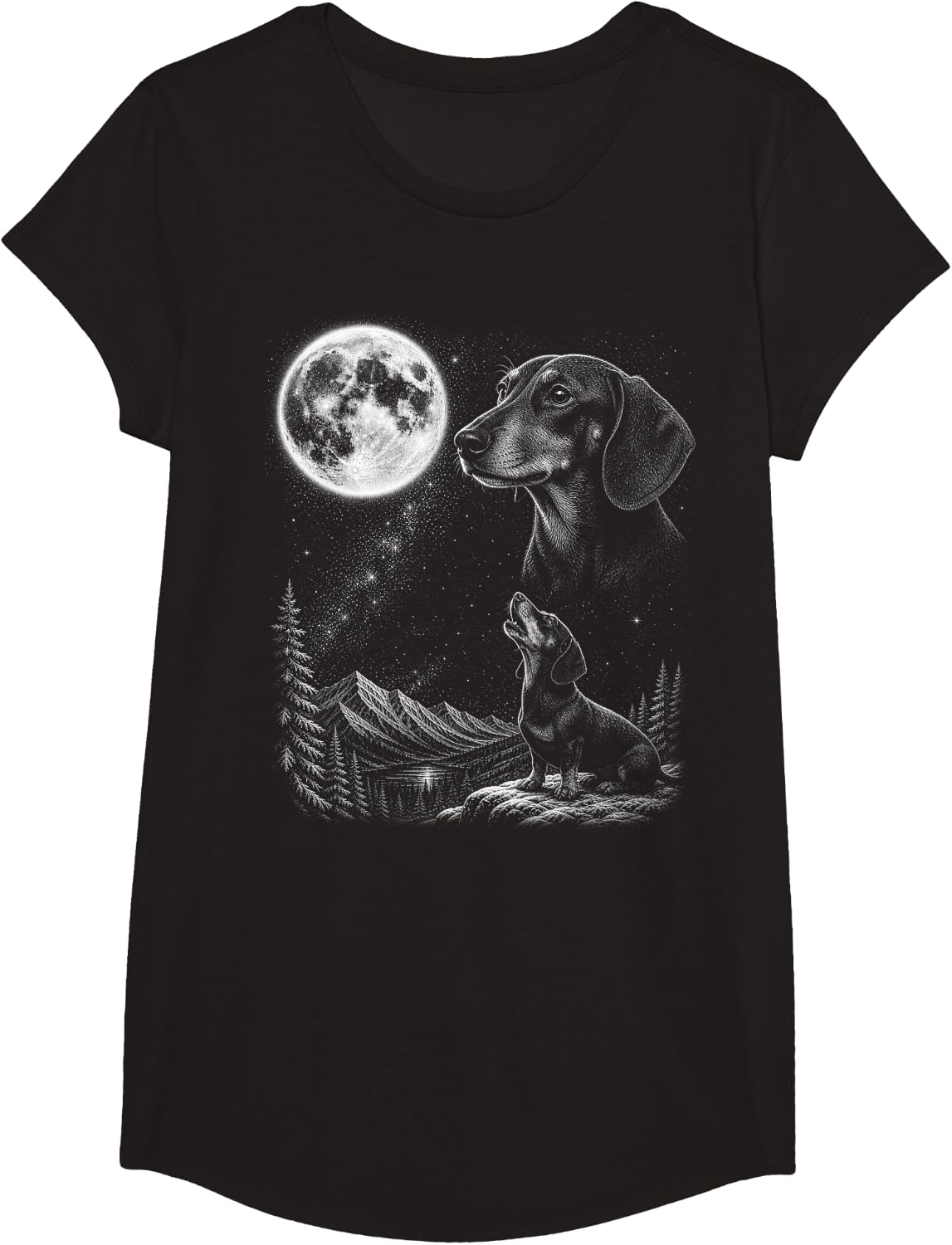Dachshund Weiner Dog Howling to the Moon Retro 90's T-Shirt - Girls Black