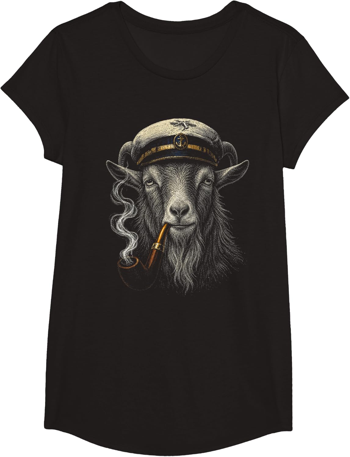 Goat Smoking Pipe Funny Nautical Boat Captain Goat T-Shirt - Girls Black