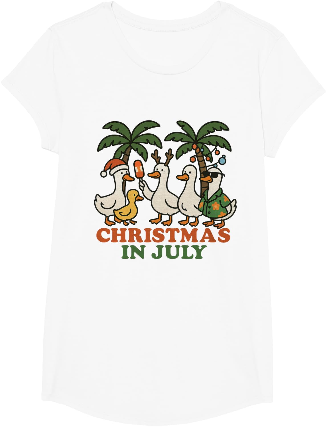 Christmas in July Funny Ducks Tropical Holiday Summer T-Shirt - Girls White