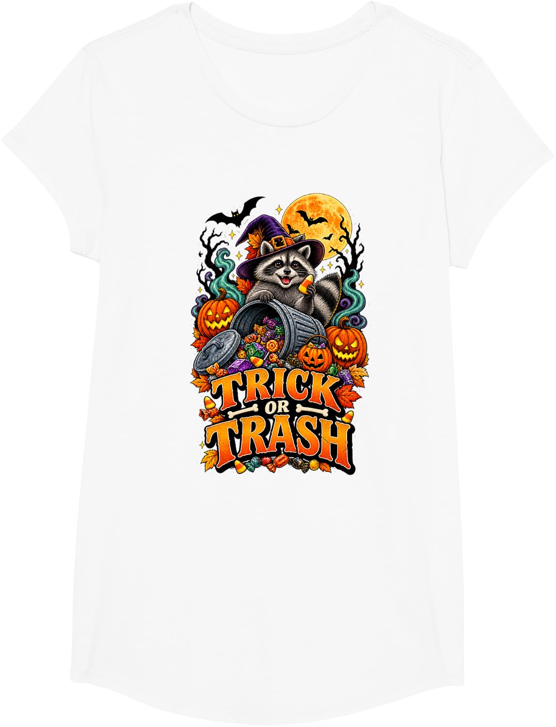 Trick or Trash Funny Raccoon Halloween Witch T-Shirt - Girls White