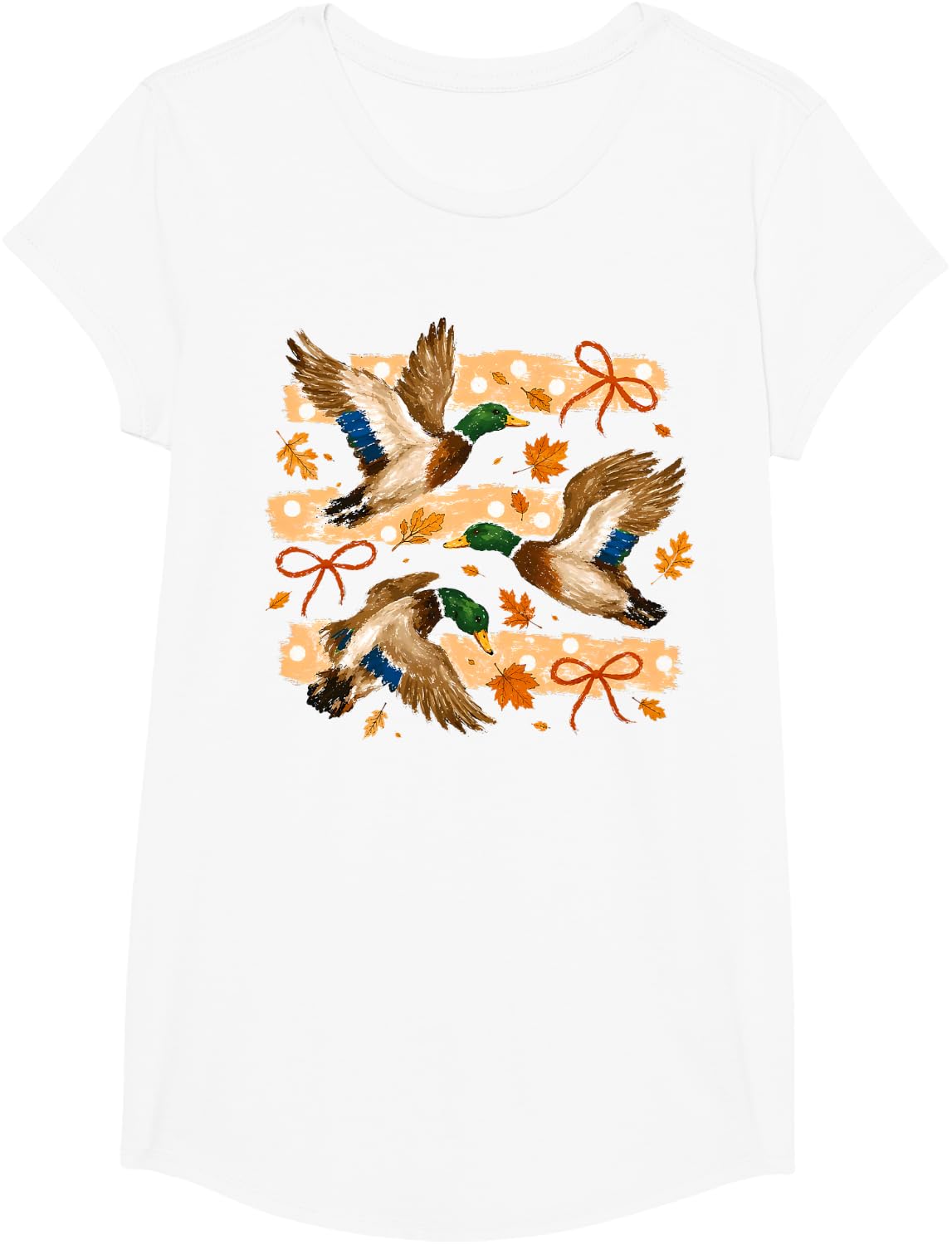 Fall Coquette Bow Striped Flying Mallard Duck Hunting Season T-Shirt - Girls White