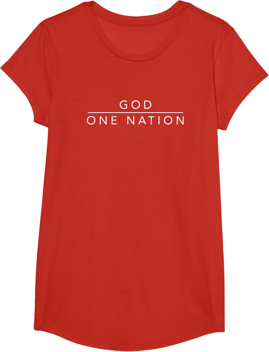 One Nation Under God Line Art Patriotic Christian T-Shirt Small - Girls Red
