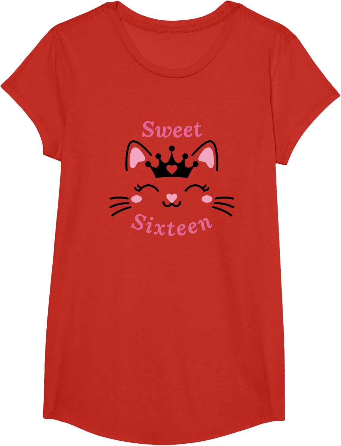 Cute Cat Sweet Sixteen Girl 16th Birthday Party Design Pink T-Shirt - Girls Red