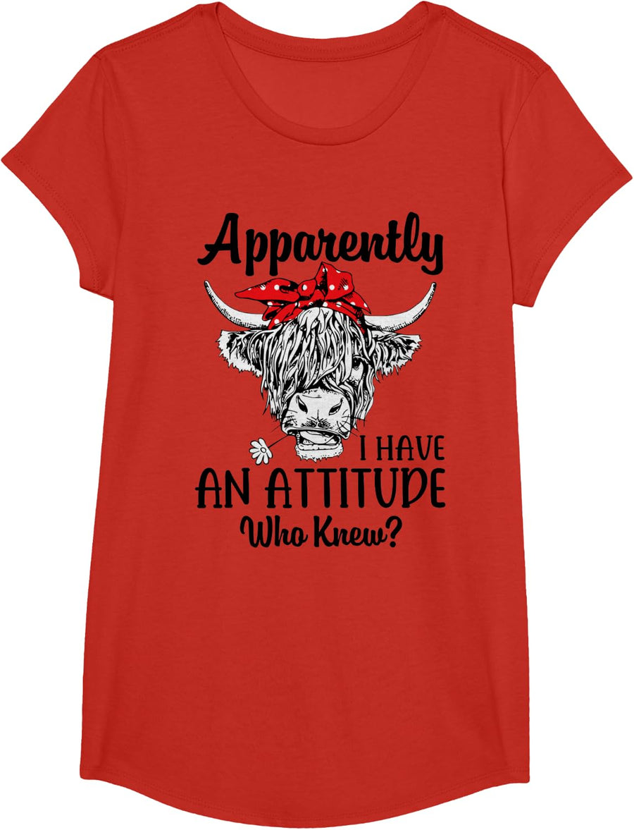 Bleached Highland Cow Apparently I Have An Attitude Who Knew T-Shirt - Girls Red