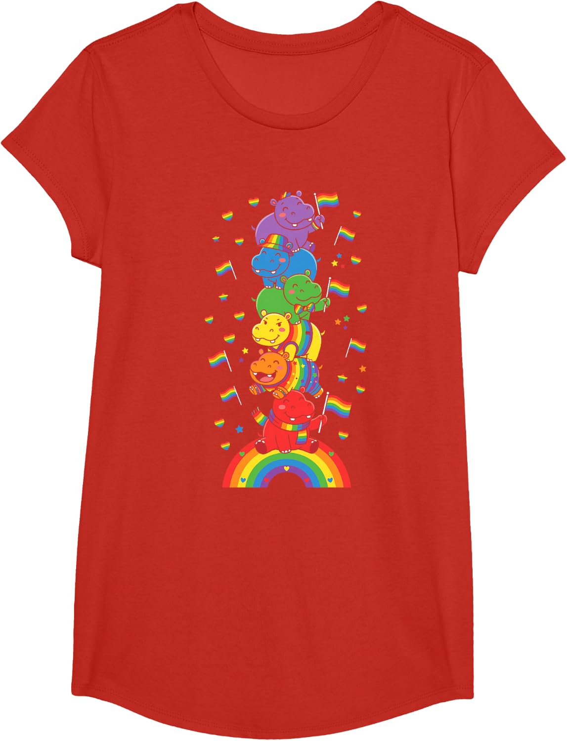 Funny LGBT Hippo Rainbow Lesbian Gay Pride Women Men T-Shirt - Girls Red