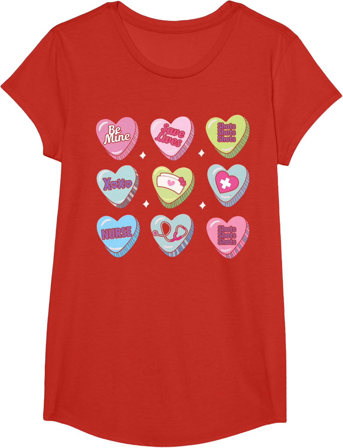 Nurse Conversation Hearts Stethoscope Valentine T-Shirt - Girls Red