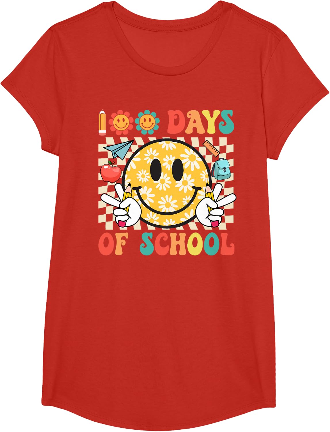 100 Days Of School 100th Day Of School Groovy Smile Face T-Shirt - Girls Red