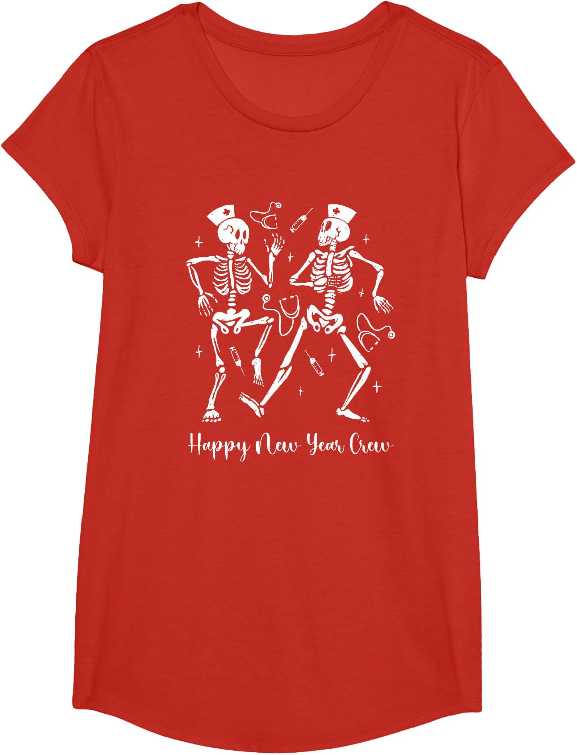 Happy New Year Skeleton Nurse Crew ER ICU New Year Eve T-Shirt - Girls Red