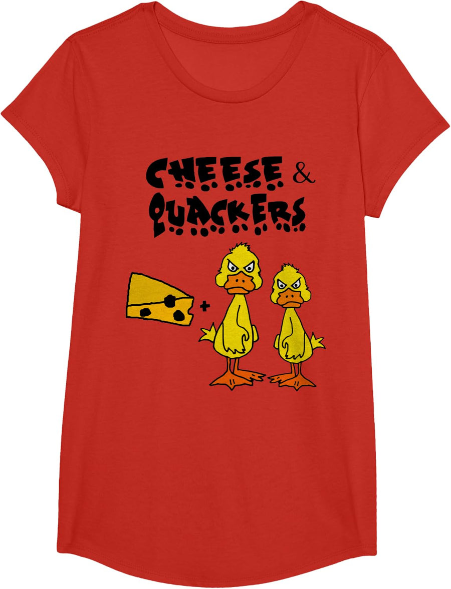Smileteesfunnya Funny Duck Cheese and Quackers Pun Cartoon T-Shirt - Girls Red