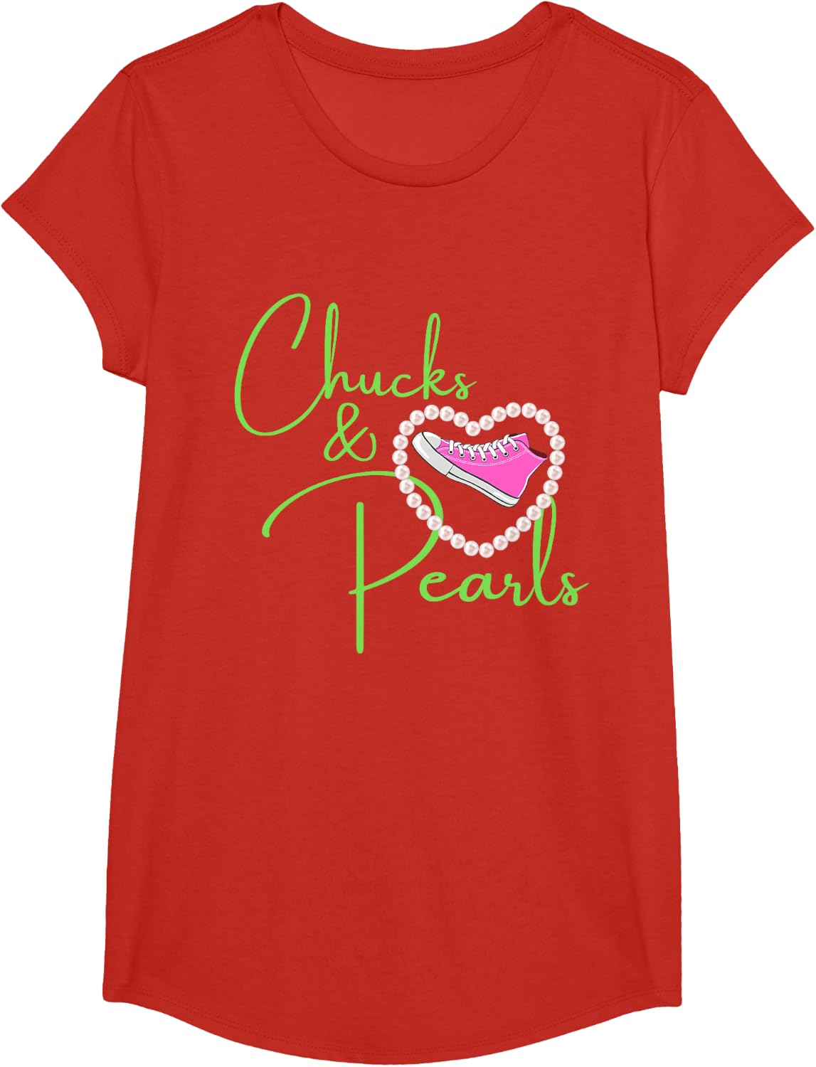 Chucks and Pearls 2021 Valentine Heart HBCU AKA Green Pink T-Shirt - Girls Red