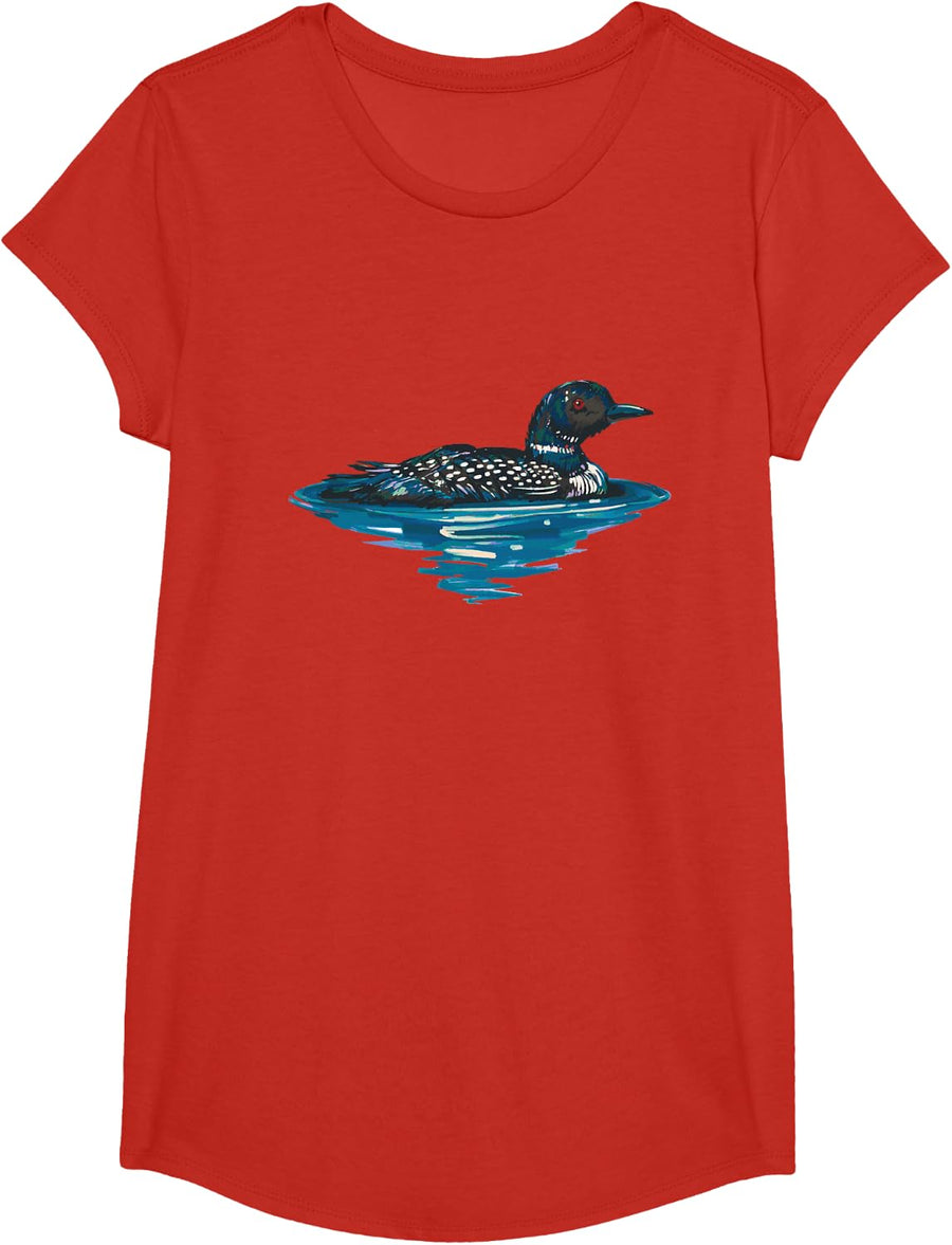 Loon Bird Painting Duck Lake T-Shirt - Girls Red