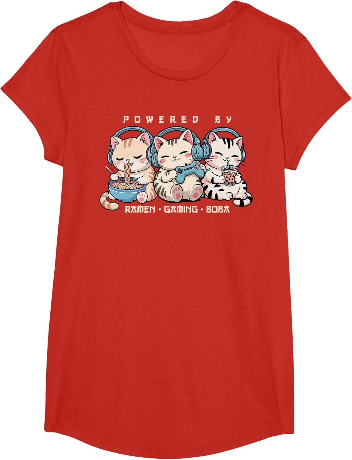 Gaming Powered By Gaming and Ramen Kawaii Cats Gamer Cat T-Shirt - Girls Red
