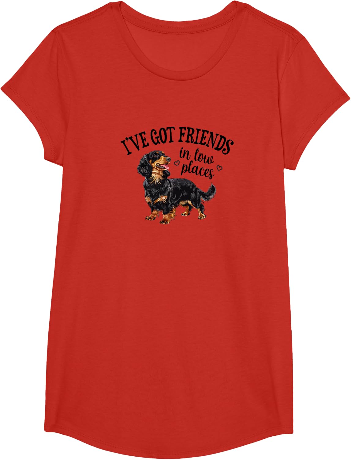 Funny Friends Low Places Black Long Haired Dachshund Lover T-Shirt - Girls Red