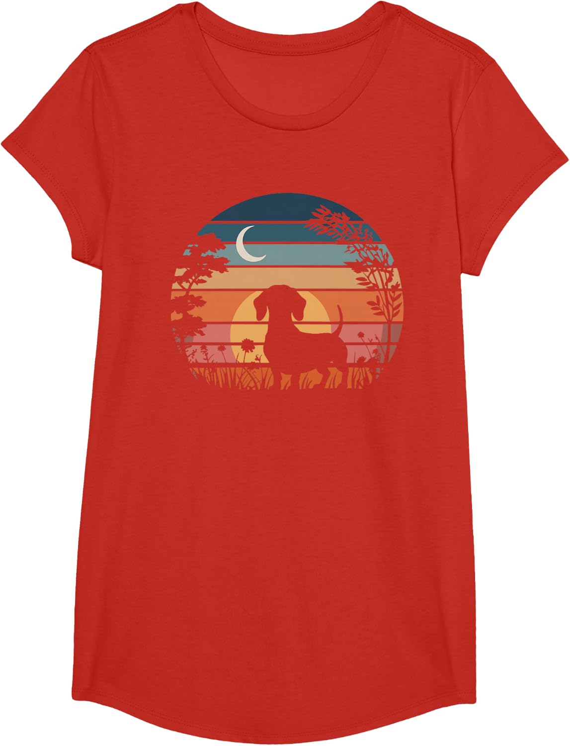 Dachshund Vintage Silhouette 60s 70s Retro Wiener Dog Lover T-Shirt - Girls Red