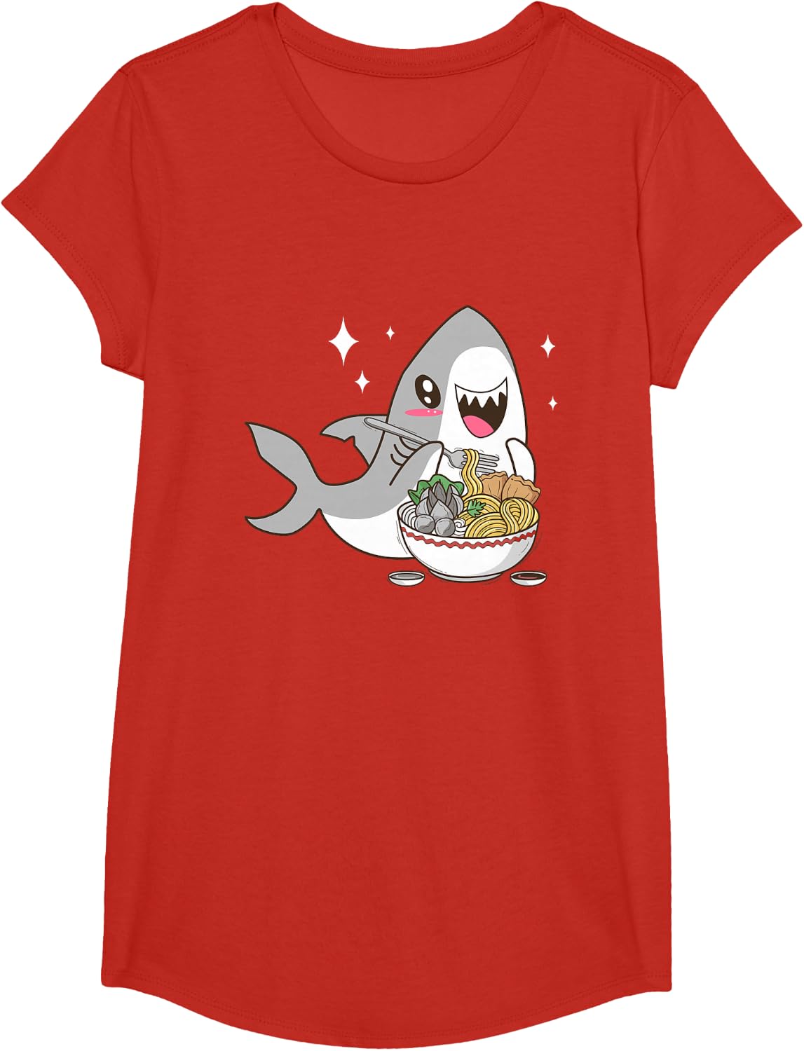 Kawaii Chibi Shark Eating Ramen For Kids And Girls T-Shirt - Girls Red