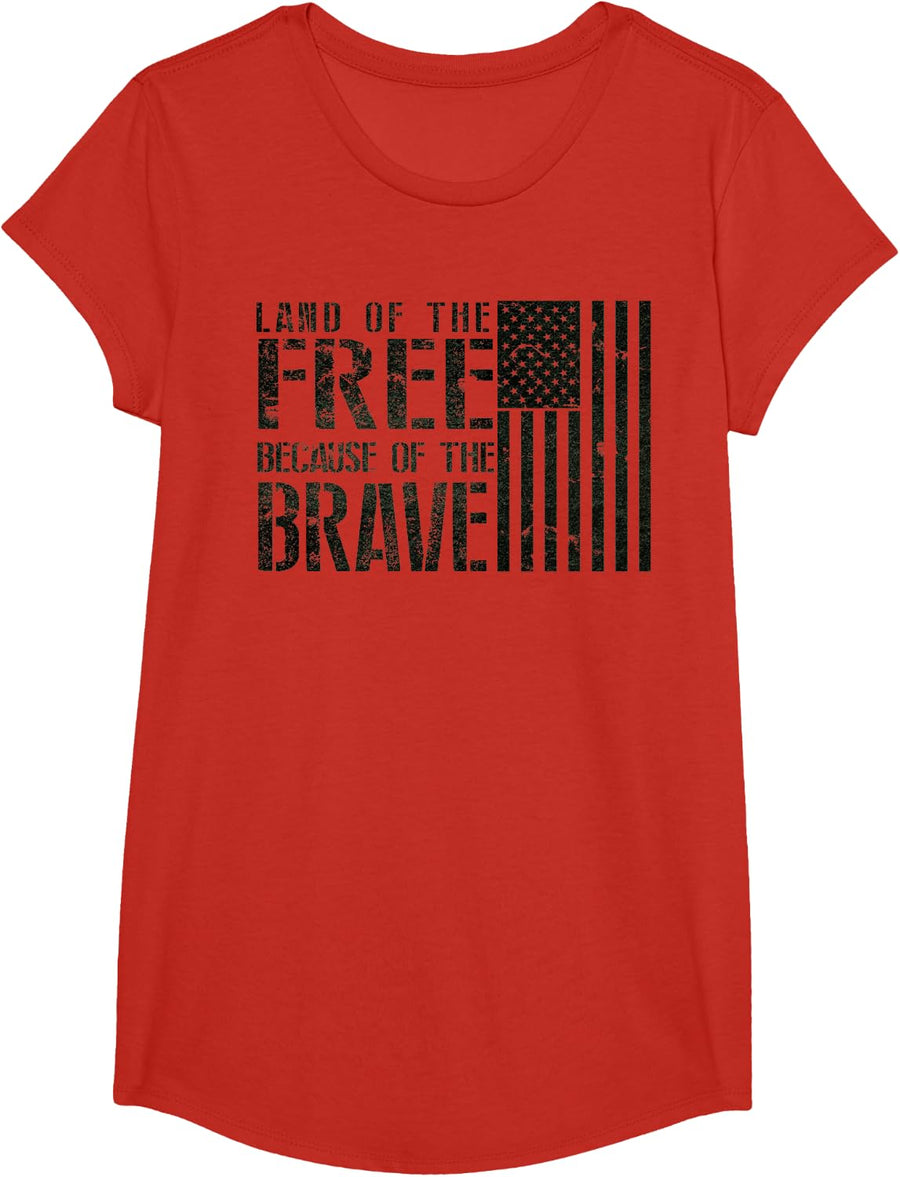 Land of the Free, Because of the Brave American Flag Design T-Shirt - Girls Red