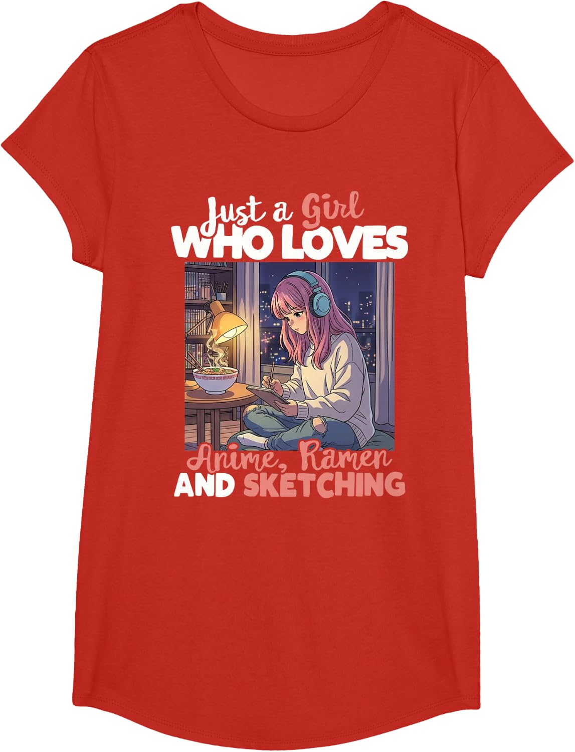 Just A Girl Who Loves Anime Ramen and Sketching Tee Shirt Manga Lover Gifts for Girls - Girls Red