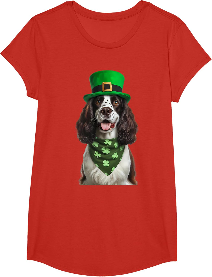 English Springer Spaniel Dog St Patrick's Day Shamrock Owner T-Shirt - Girls Red