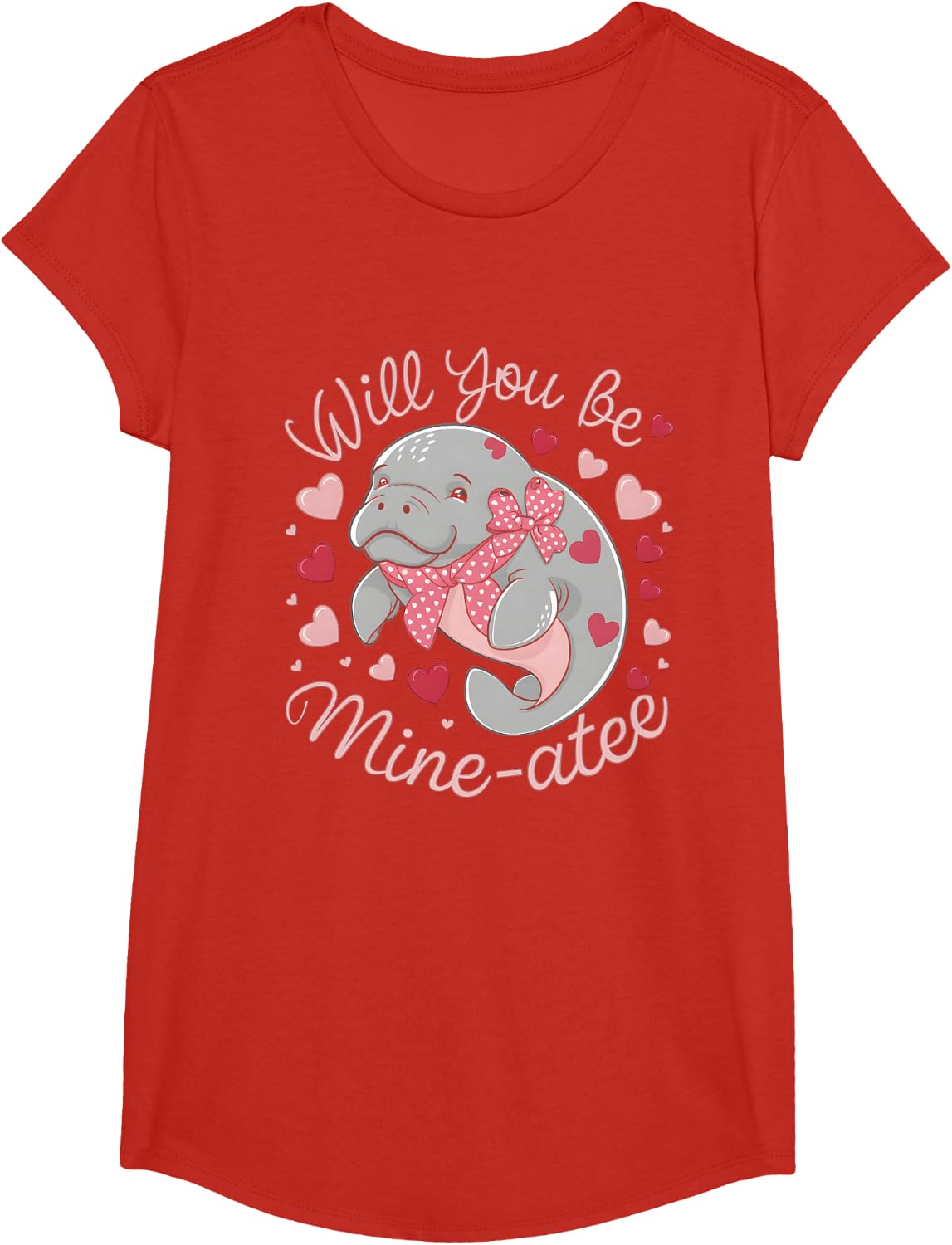 Valentine Manatee Cute Animal Hearts Will You Be Mine-Atee T-Shirt - Girls Red