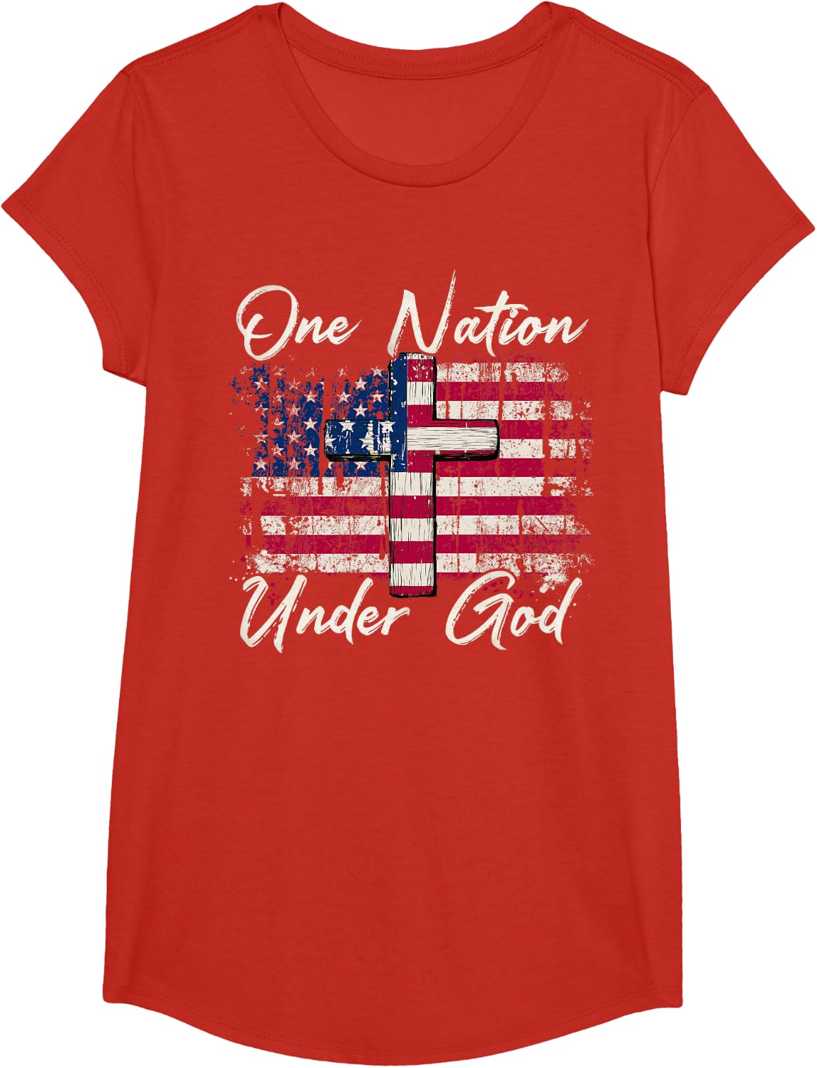 Vintage Flag One Nation Under God 4th of July Patriotic T-Shirt - Girls Red