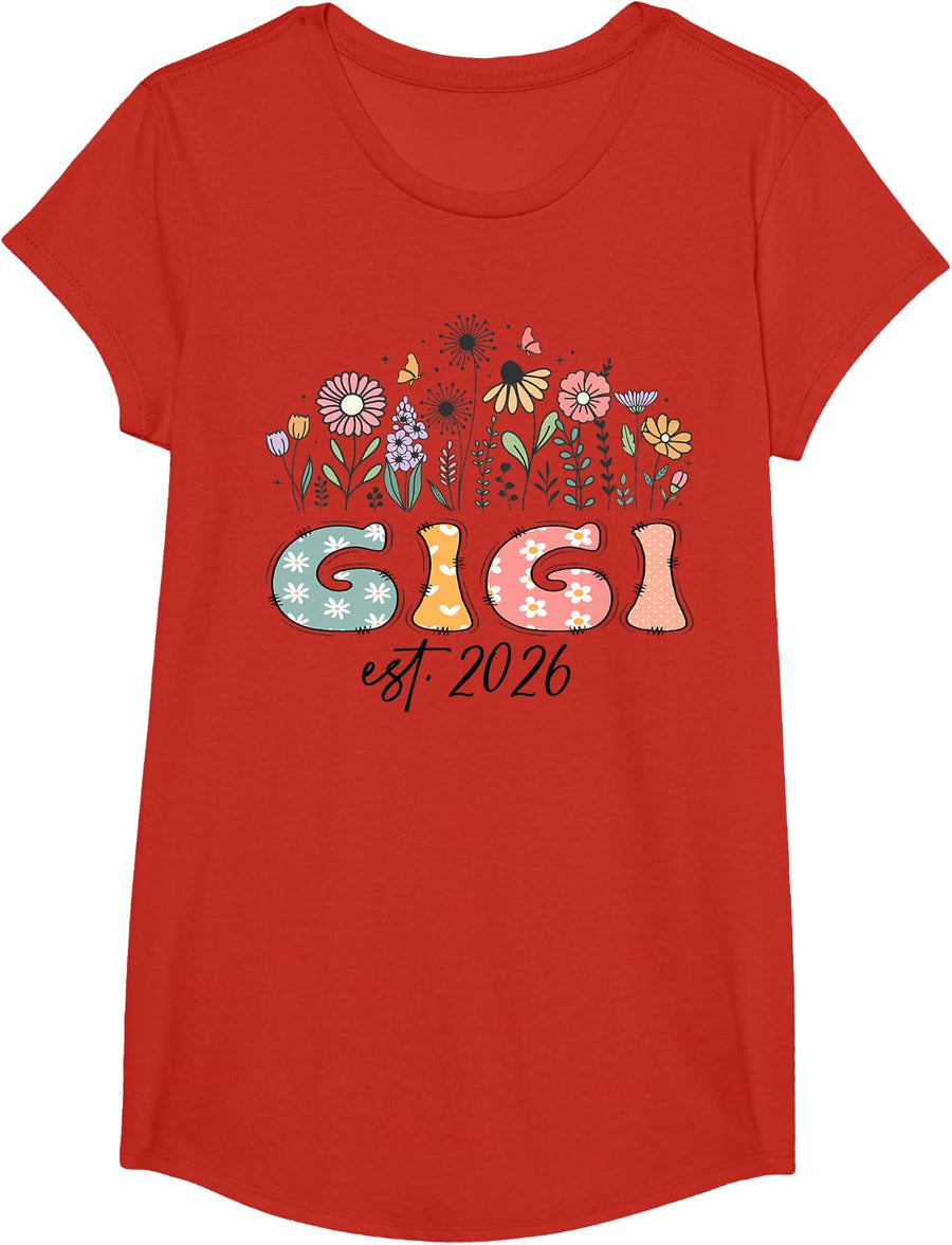 Promoted to Gigi Est. 2026 Wildflower Family Matching T-Shirt - Girls Red