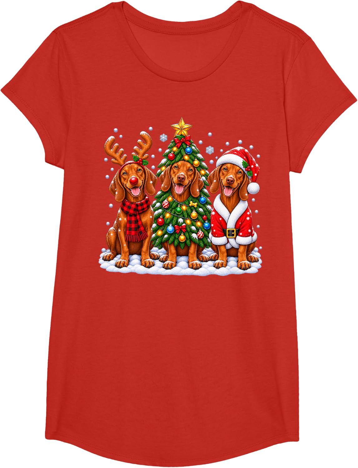 Vizsla Dog Merry Christmas Santa Hat Holidays Xmas T-Shirt - Girls Red