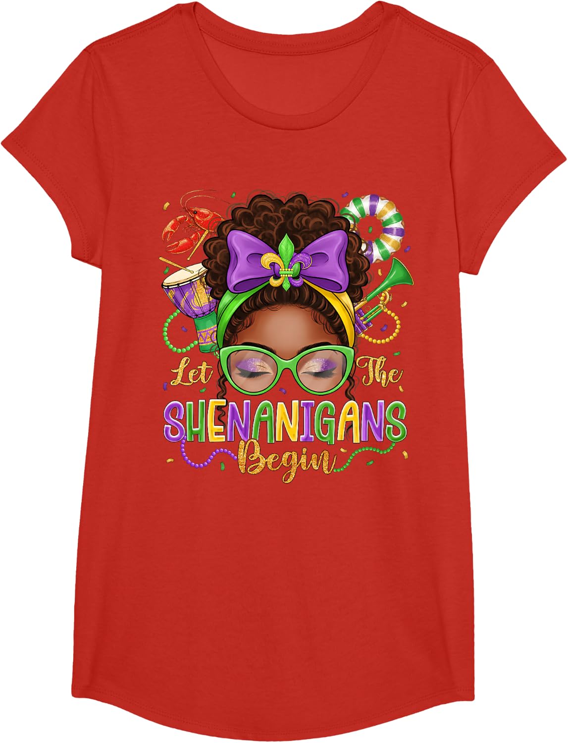 Mardi Gras Afro Messy Bun Let The Shenanigans Begin Women T-Shirt - Girls Red