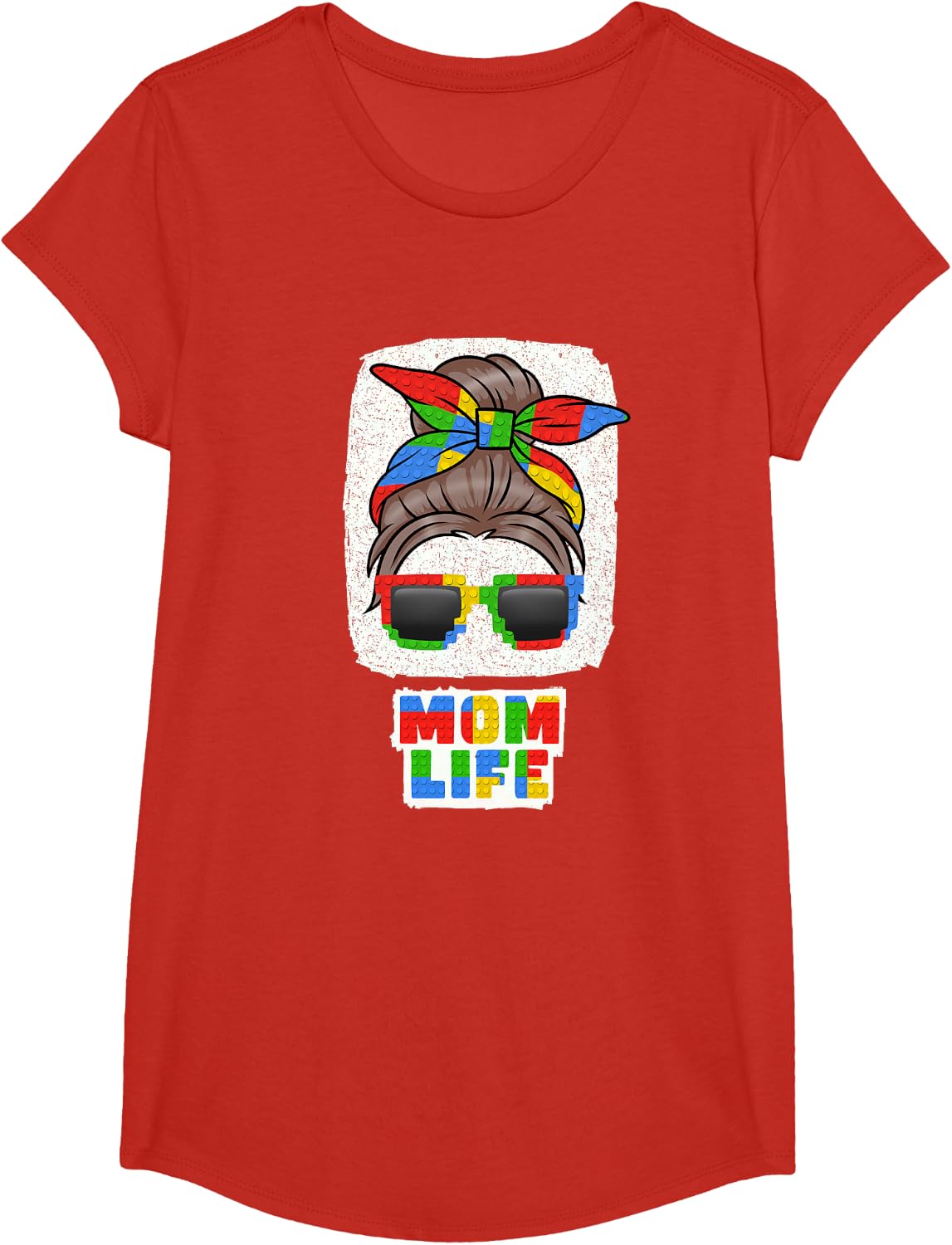 Mom Life Cute Messy Bun Master Builder Building Blocks Women T-Shirt - Girls Red