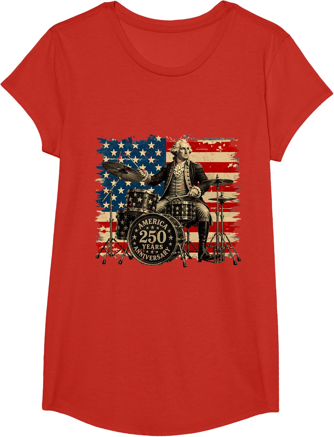 250 American Years Anniversary Washington Playing Drums T-Shirt - Girls Red