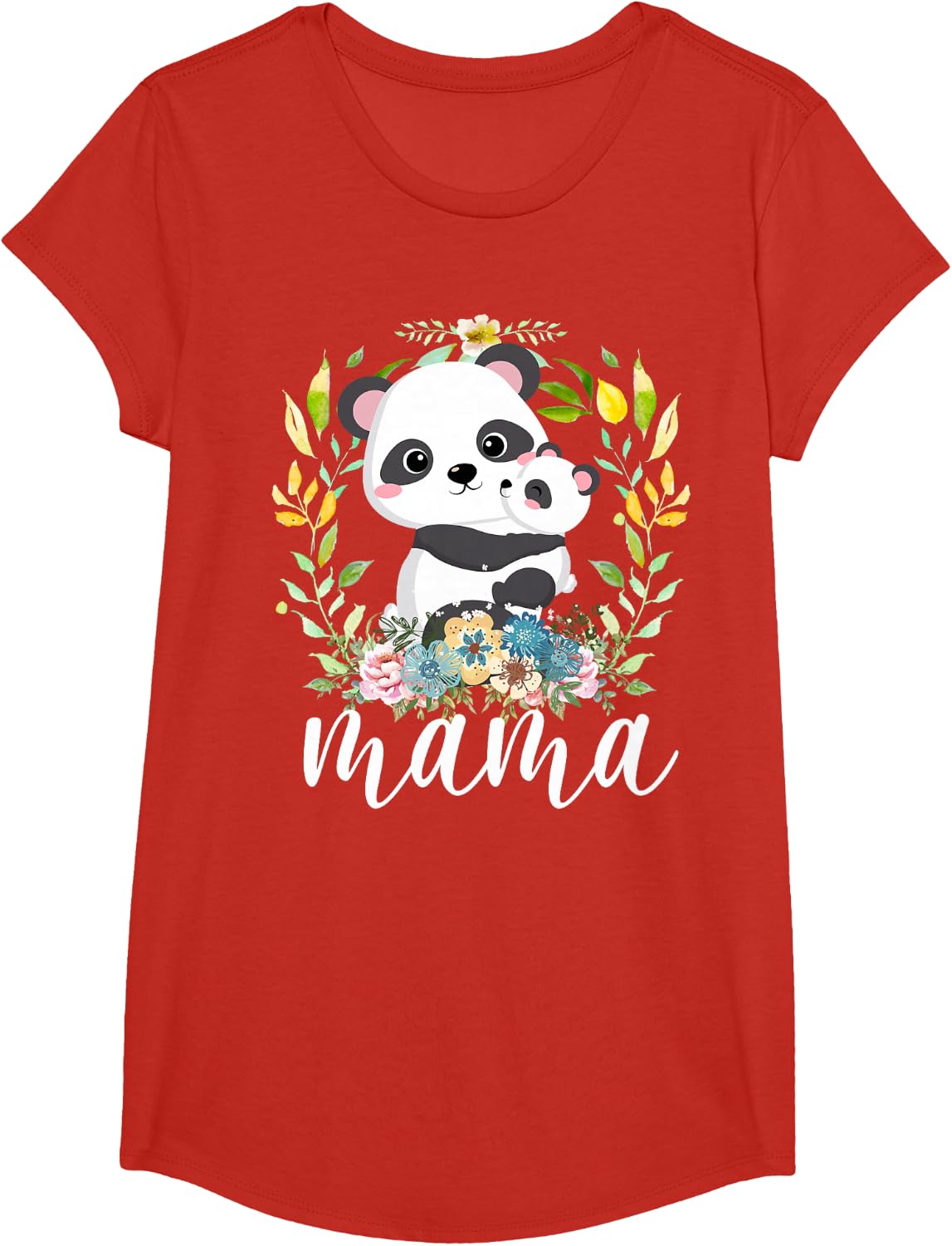 Flowers Mom & Cute Baby Panda - Animal Mama Mother's Day T-Shirt - Girls Red
