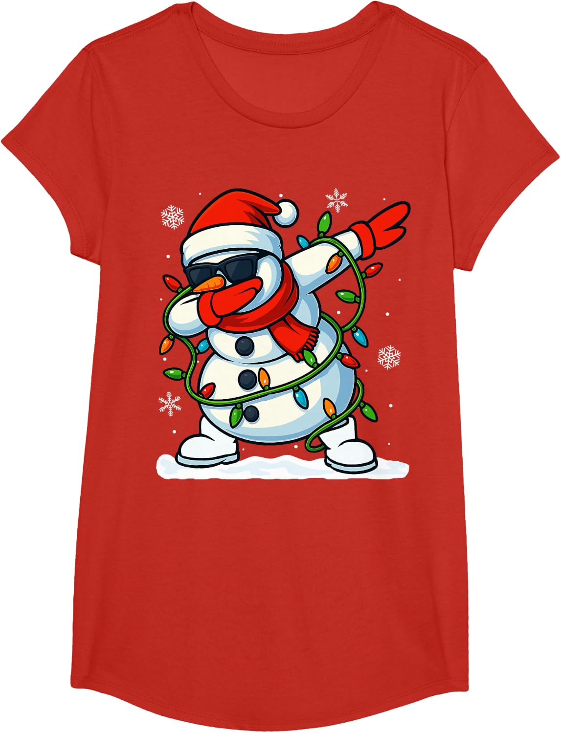 Dabbing Snowman Christmas Girls Xmas Lights Boys Christmas T-Shirt - Girls Red