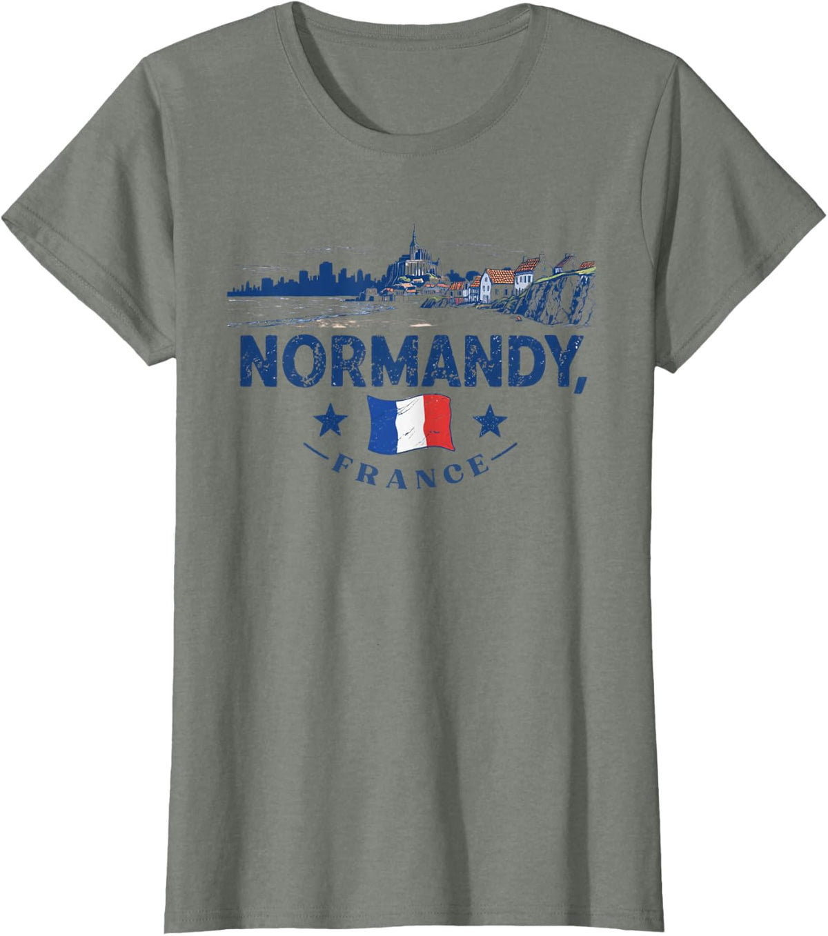 Normandy France Vintage Travel Art Travel Souvenir T-Shirt - Olive Heather