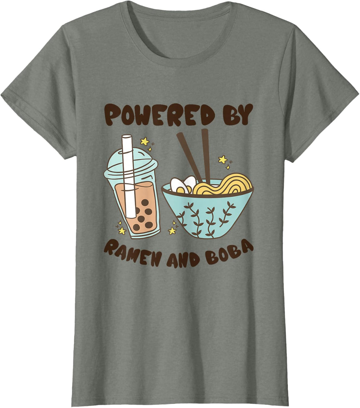 Powered By Ramen And Boba Tea Japanese Food Anime T-Shirt Tee - Olive Heather