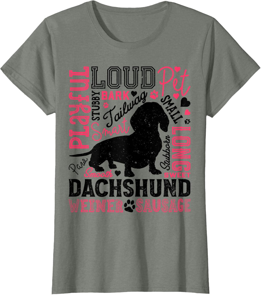 Dachshund Typography Funny Word Art Dog Lover Men Women Cute T-Shirt - Olive Heather
